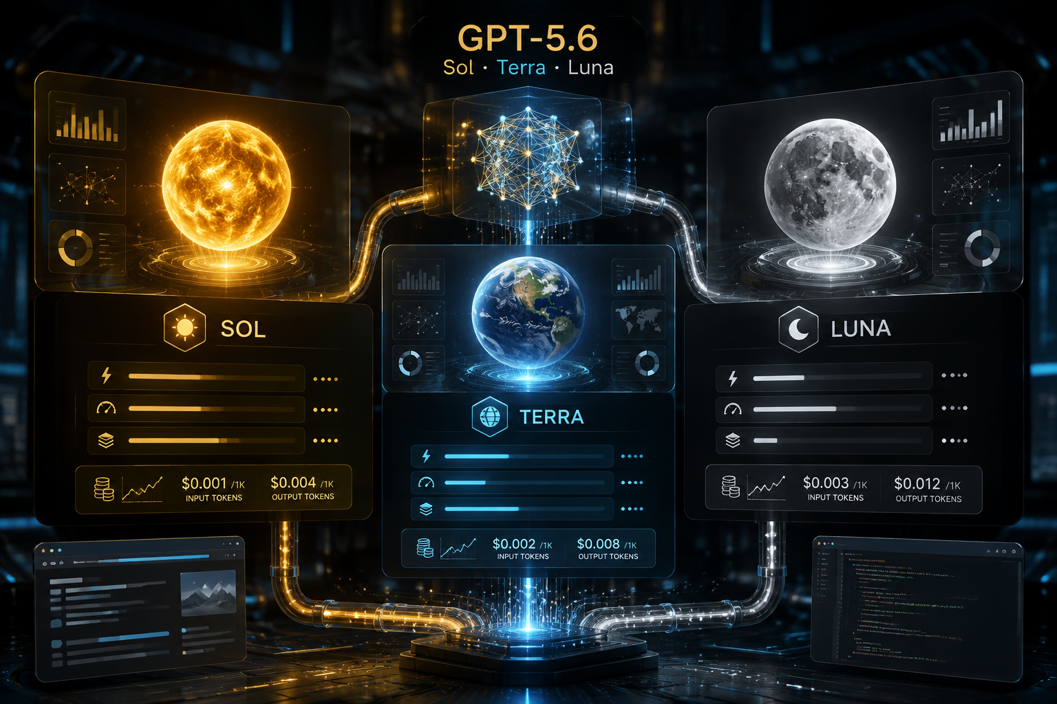 GPT-5.6 Sol、Terra、Luna 三档模型的能力与价格示意图